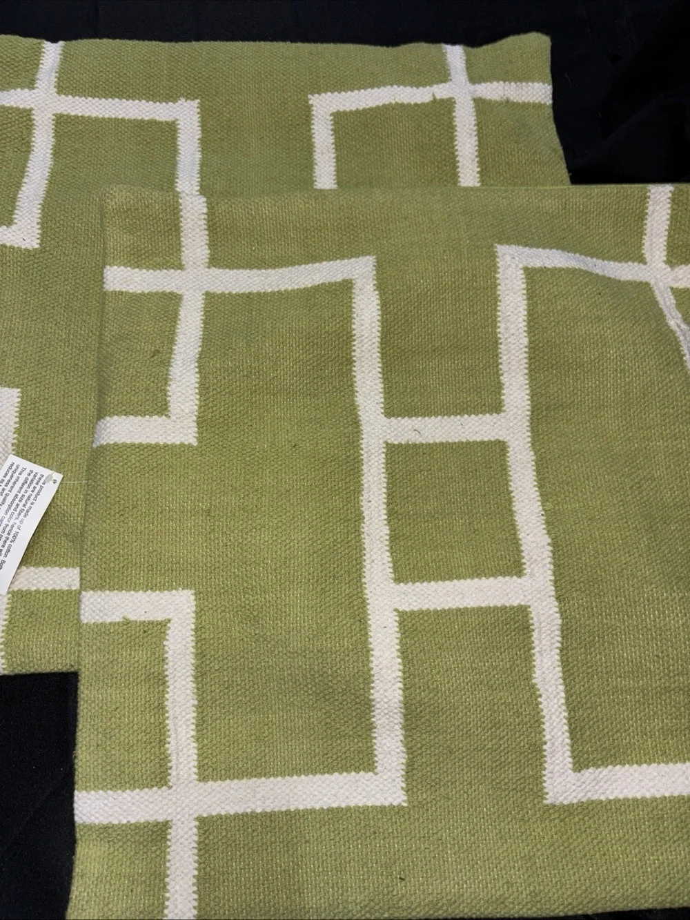 Green Geometric Accent Pillow with Cream Grid